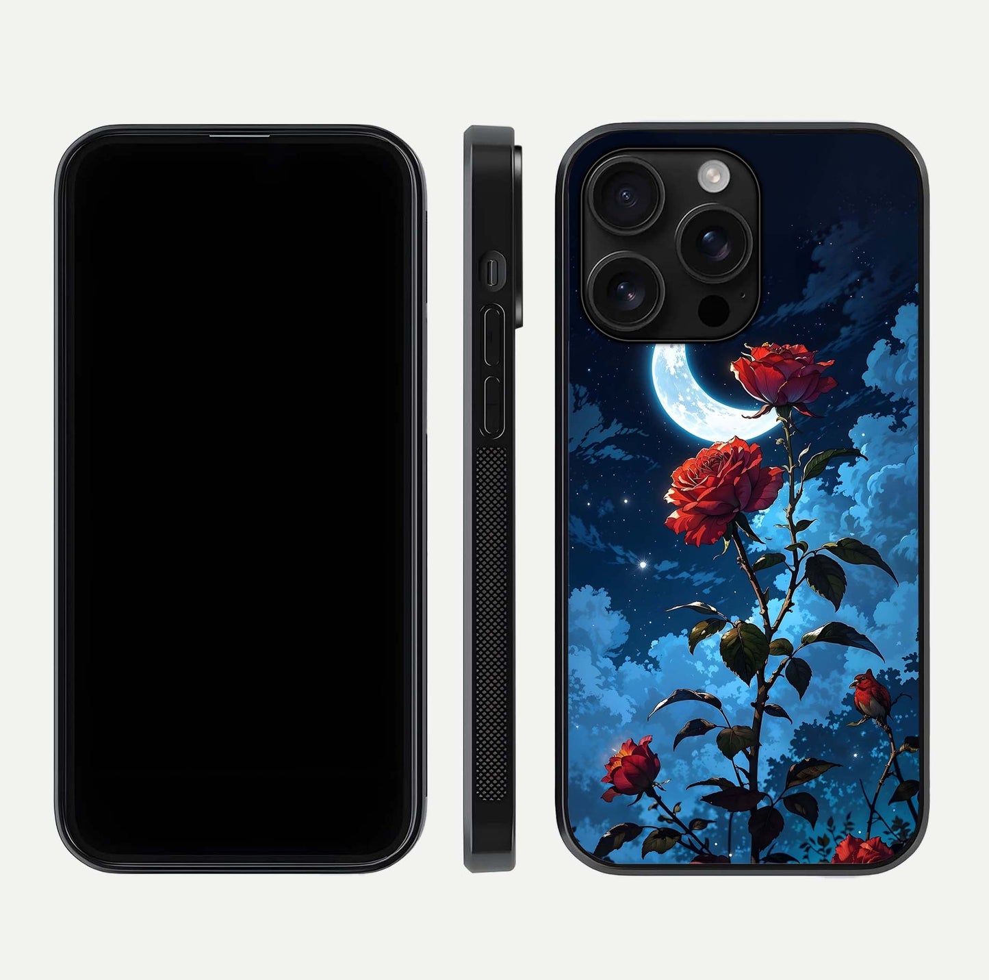 Crimson Rose Moon Glass Case for iPhone 16 Pro Max dual-view layout displaying red tones and soft gloss