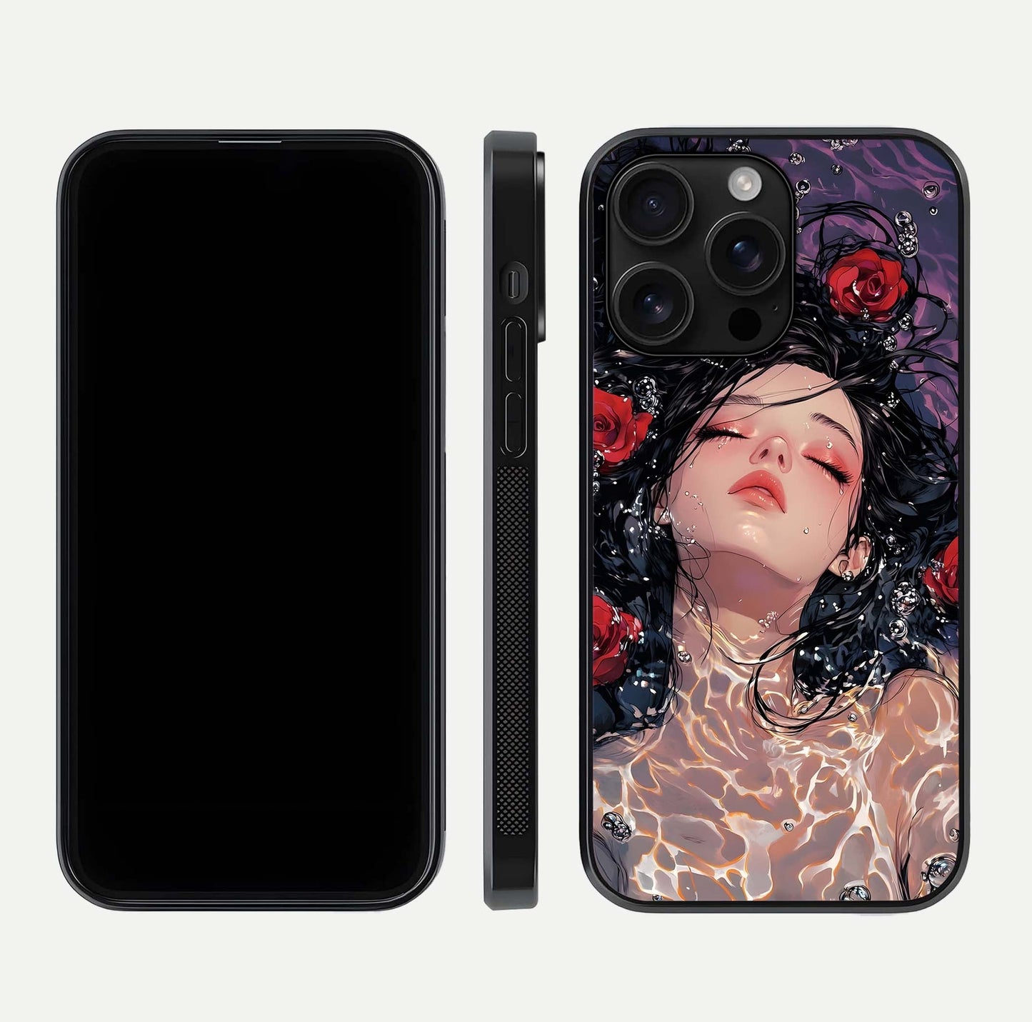 Crimson Rose Serenity Glass Case for iPhone 16 Pro Max dual-view layout displaying serenity tones and curved glass