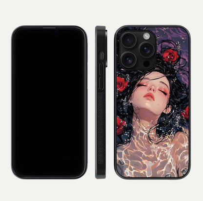 Crimson Rose Serenity Glass Case for iPhone 16 Pro Max dual-view layout displaying serenity tones and curved glass