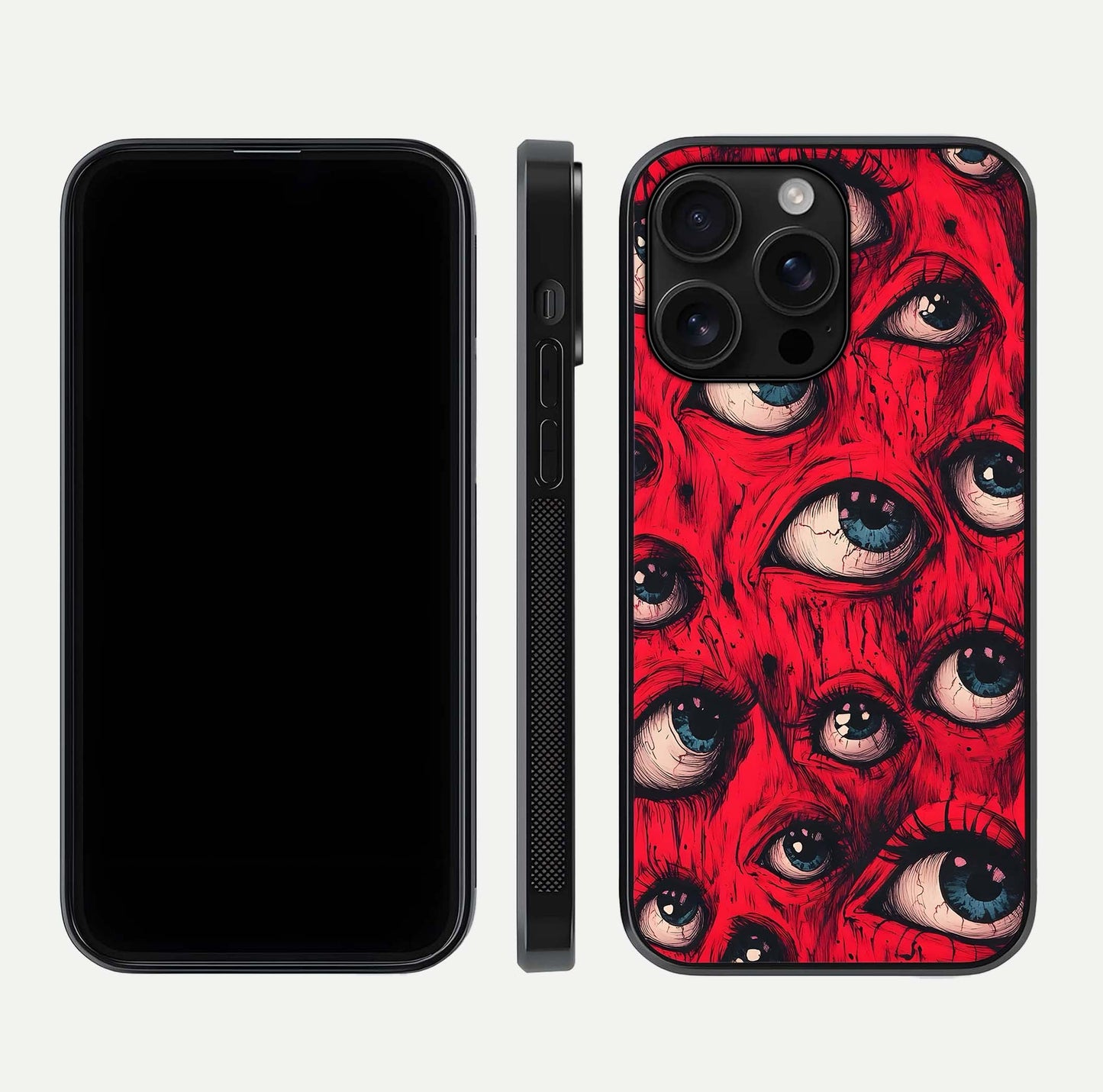 Crimson Watch Eyes Glass Case for iPhone 16 Pro Max dual-view layout displaying abstract tones and curved edges