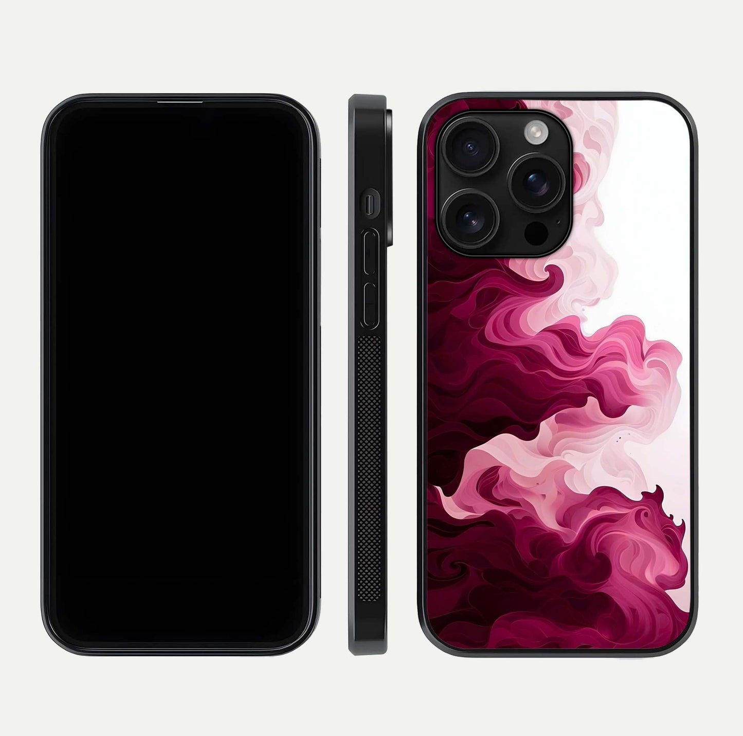 Crimson Wave Flow Glass Case for iPhone 16 Pro Max dual-view layout displaying curved wave art and polished surface