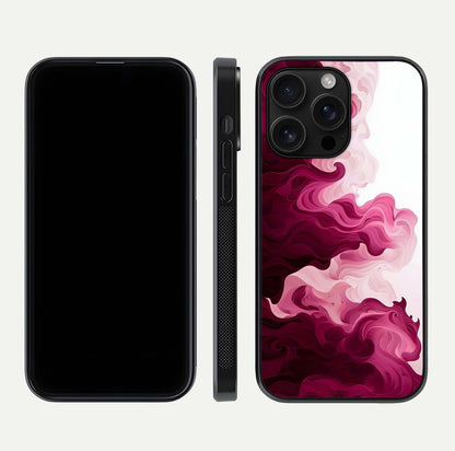 Crimson Wave Flow Glass Case for iPhone 16 Pro Max dual-view layout displaying curved wave art and polished surface