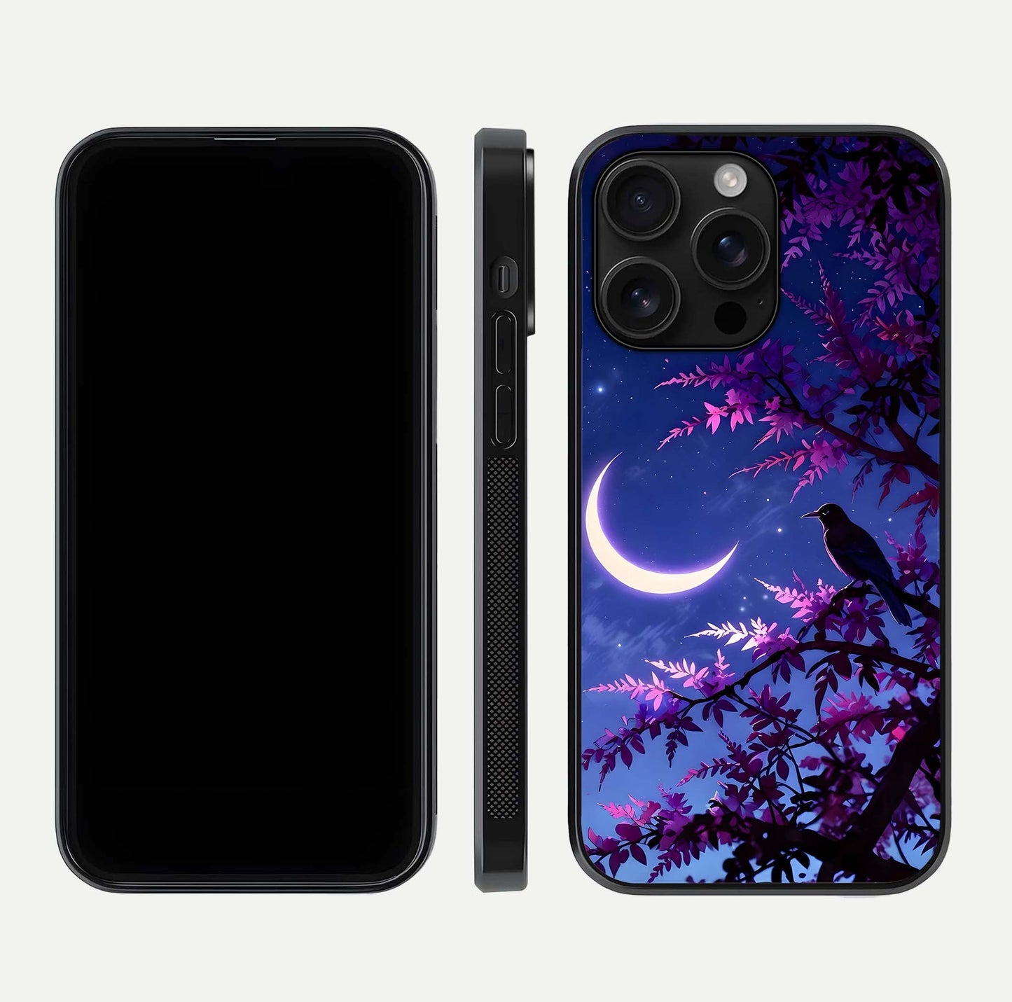 Crow & Moon Scenery Glass Case for iPhone 16 Pro Max dual-view layout displaying night sky art and curved glass edges