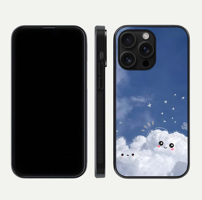 Cute Blossom Cloud Glass Case for iPhone 16 Pro Max dual-view layout displaying cute floral clouds and polished edge