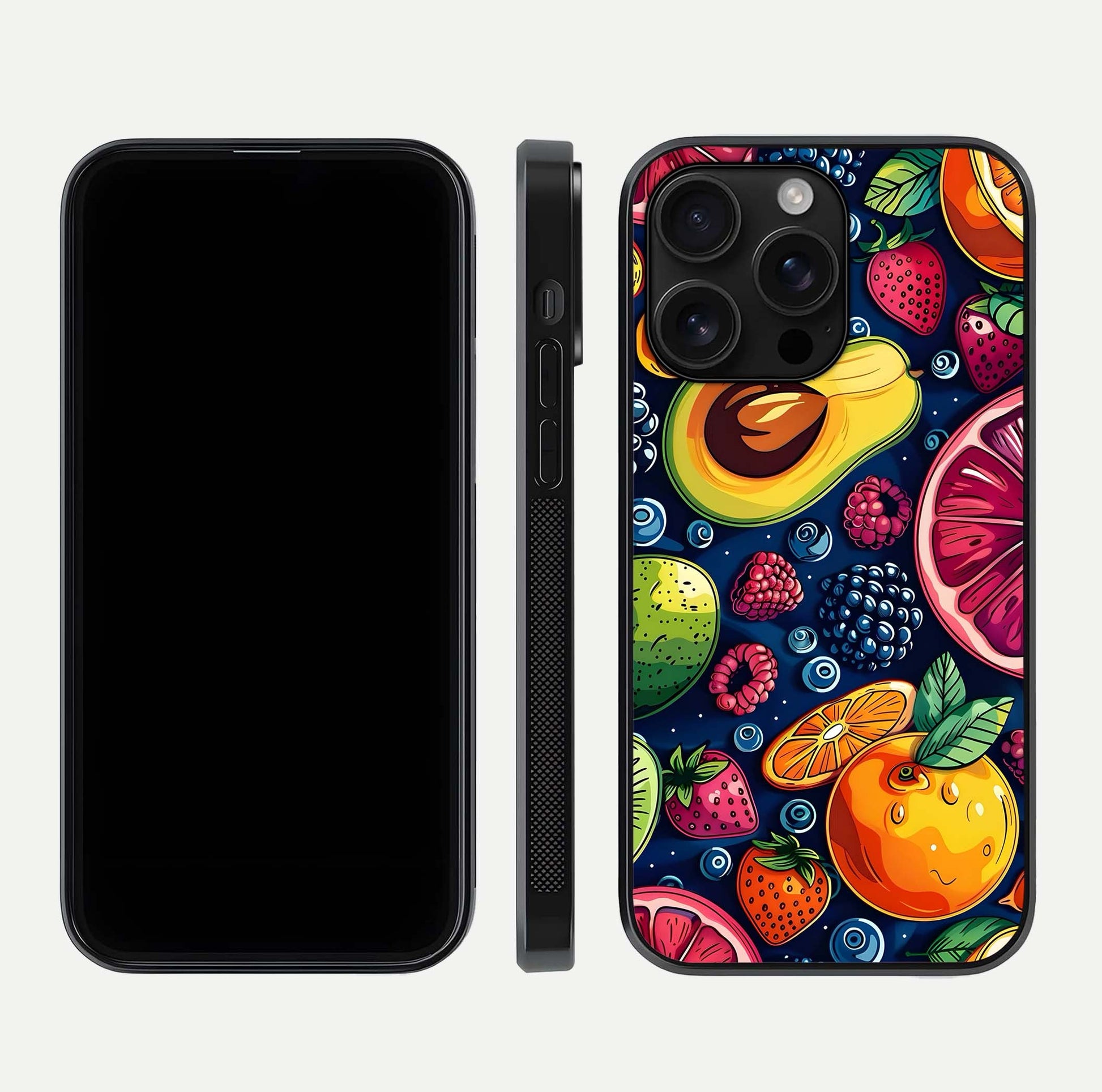 Cute Fruits Art Glass Case for iPhone 16 Pro Max dual-view layout displaying playful tones and curved design