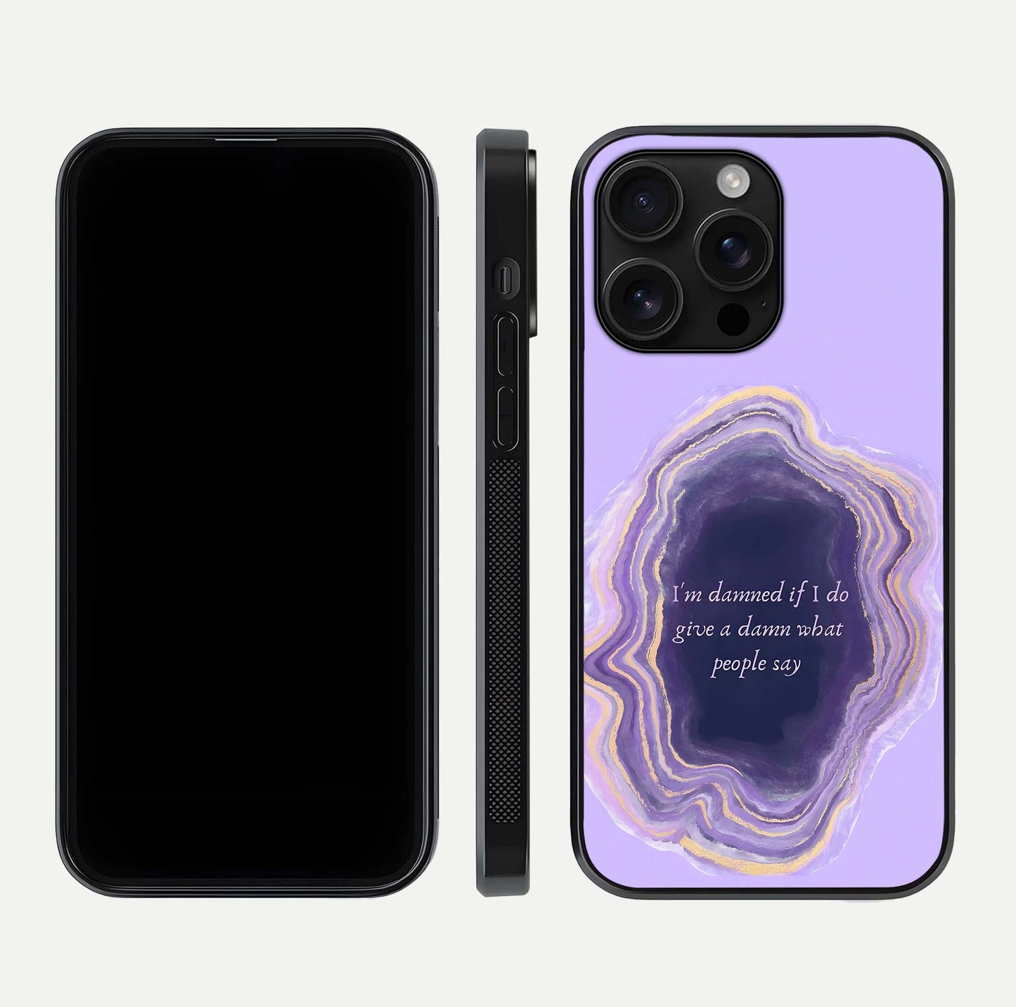 Damned People Quote Glass Case for iPhone 16 Pro Max dual-view layout displaying modern print and glass clarity