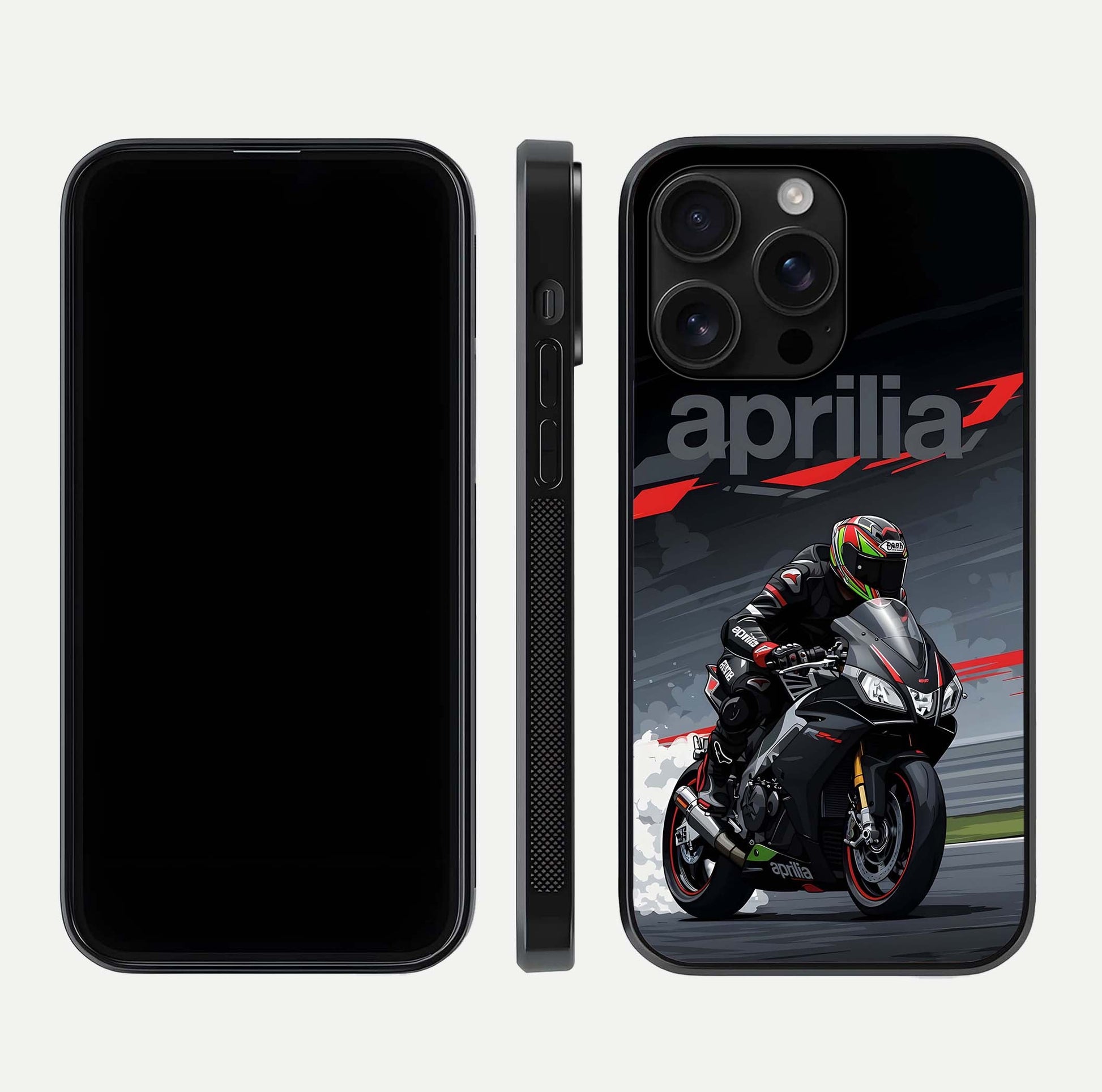 Dark Aprilla Glass Case for iPhone 16 Pro Max dual-view layout displaying sleek racing look and HD shine
