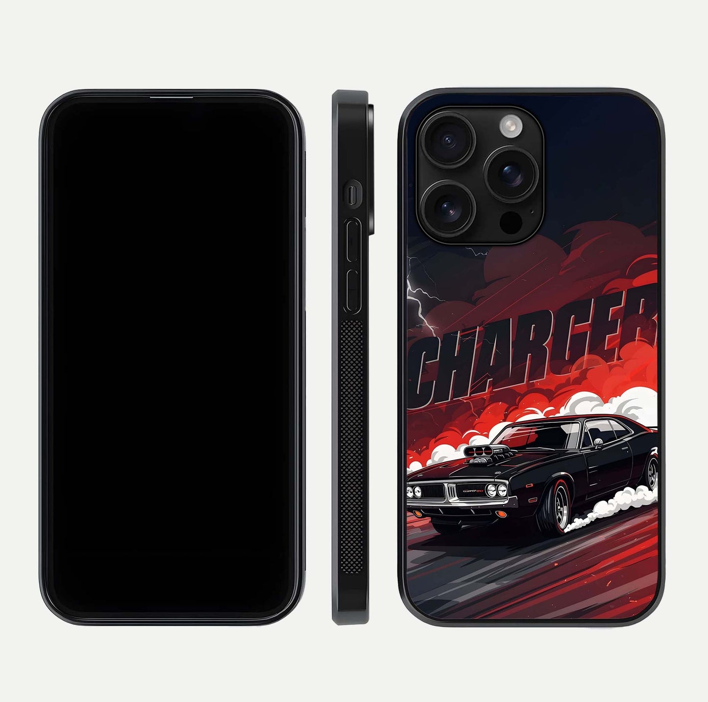 Dark Charger Fury Glass Case for iPhone 16 Pro Max dual-view layout displaying HD design and polished edges