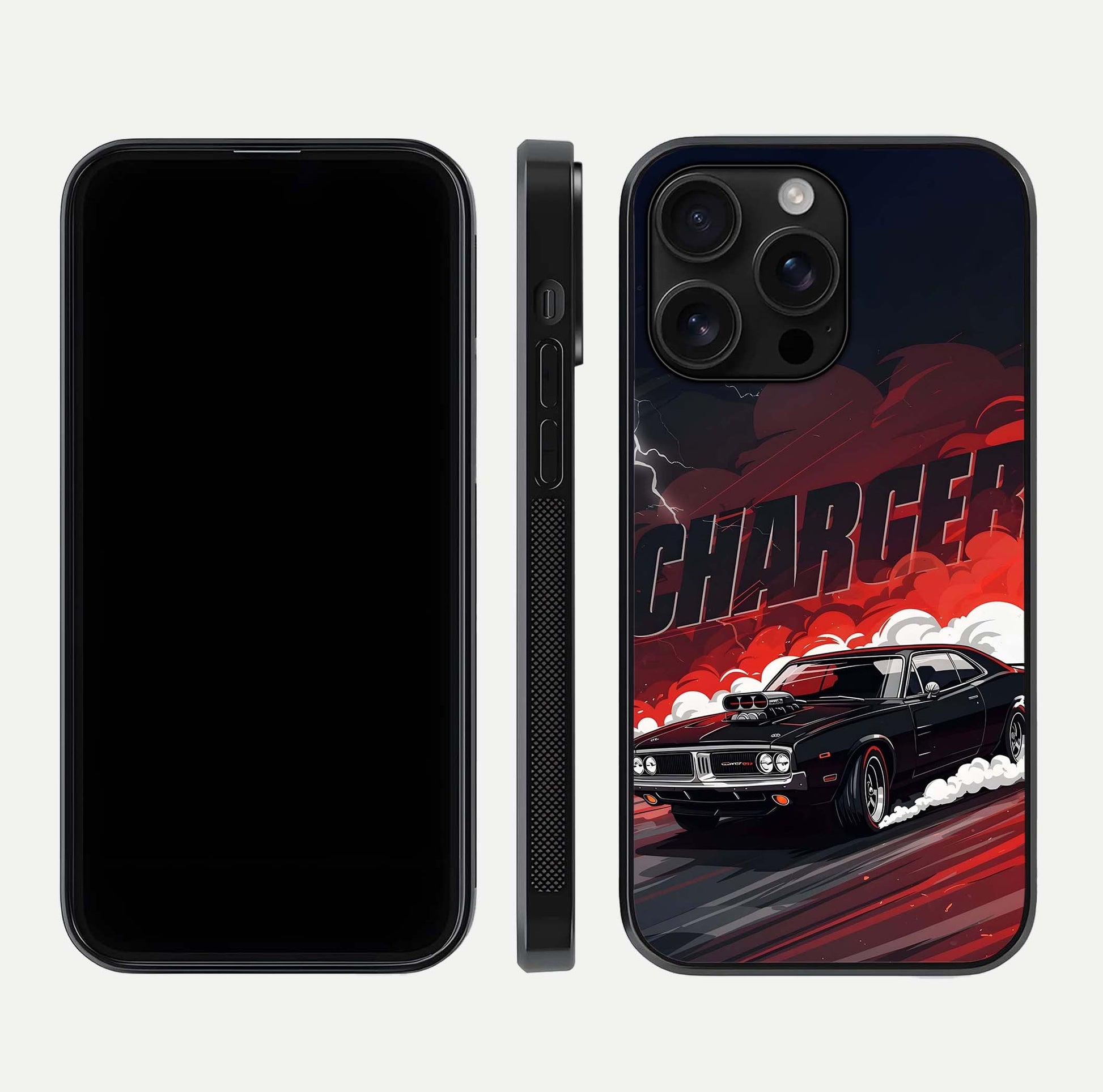 Dark Charger Fury Glass Case for iPhone 16 Pro Max dual-view layout displaying HD design and polished edges