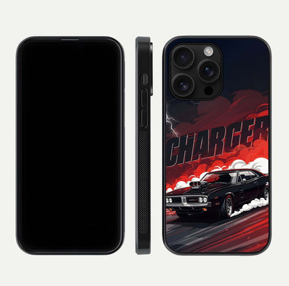 Dark Charger Fury Glass Case for iPhone 16 Pro Max dual-view layout displaying HD design and polished edges