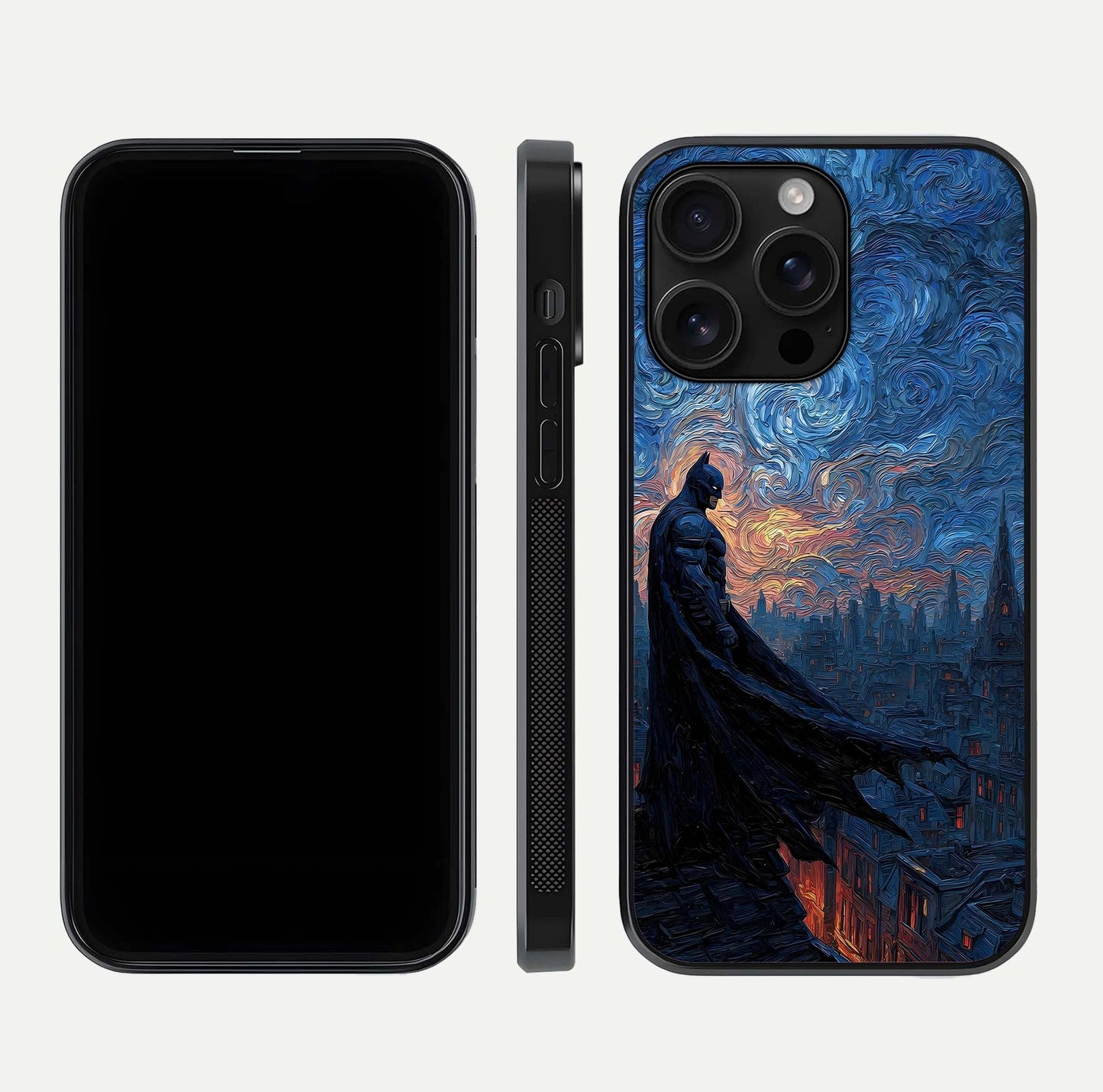 Dark Knight Dusk Glass Case for iPhone 16 Pro Max dual-view layout displaying HD hero print and curved glass edges