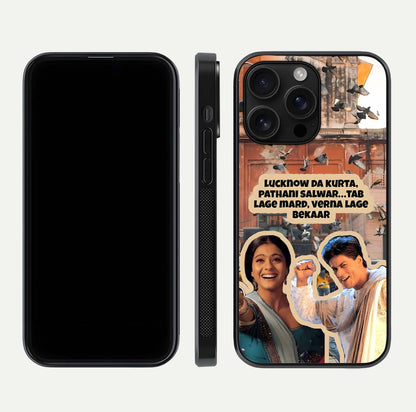 Desi Retro Vibes Glass Case for iPhone 16 Pro Max dual-view layout showing nostalgic design and smooth glass curve