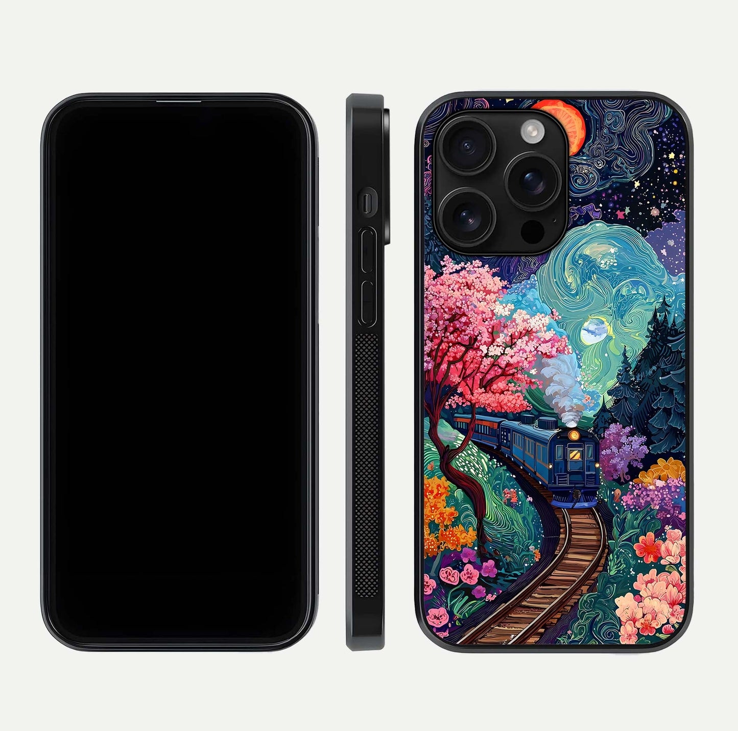 Digital Art Glass Case for iPhone 16 Pro Max dual-view layout displaying artistic tones and curved glass edge