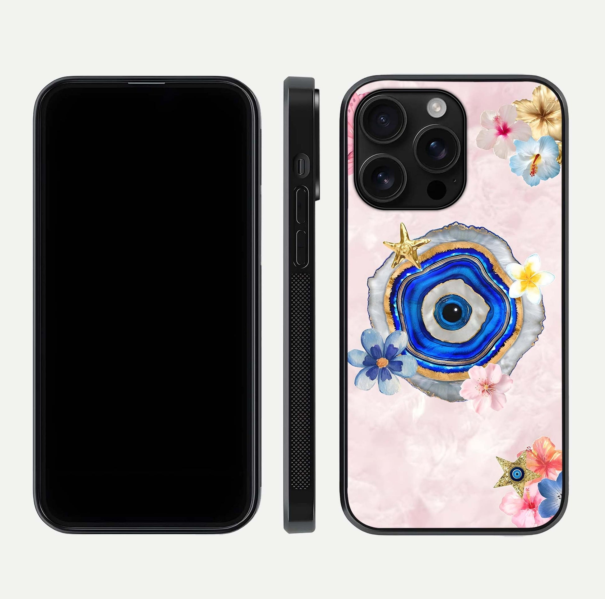 Divine Aura Bloom Glass Case for iPhone 16 Pro Max dual-view layout displaying divine color tones and smooth edges