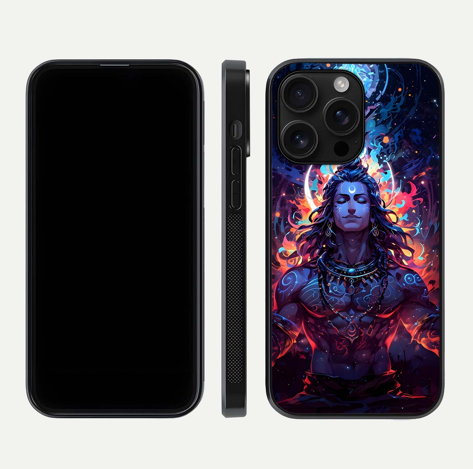 Divine Fire Shiv Glass Case for iPhone 16 Pro Max dual-view layout displaying HD deity print and curved edges