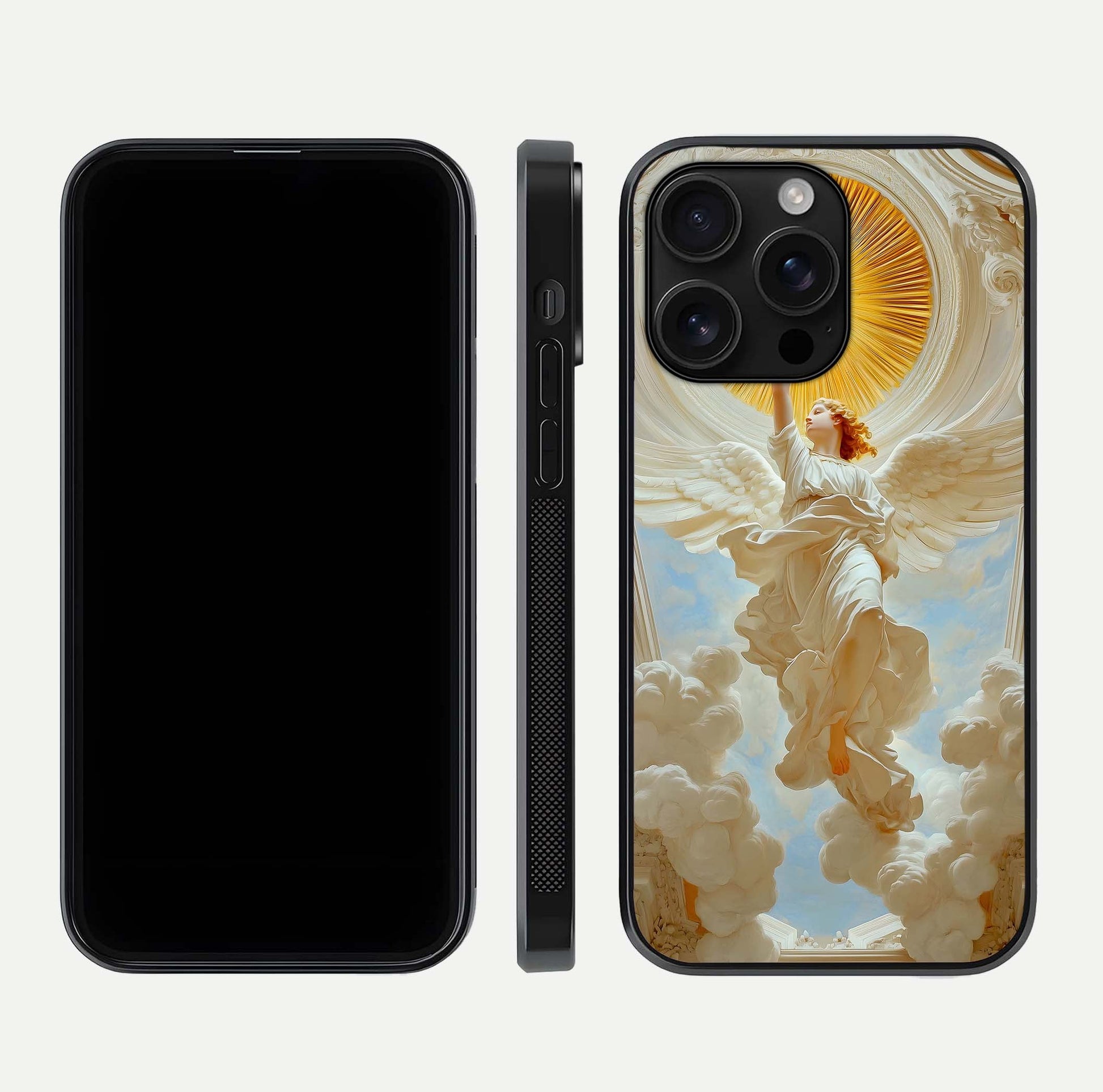 Divine Light Angel Glass Case for iPhone 16 Pro Max dual-view layout displaying celestial tones and smooth curves