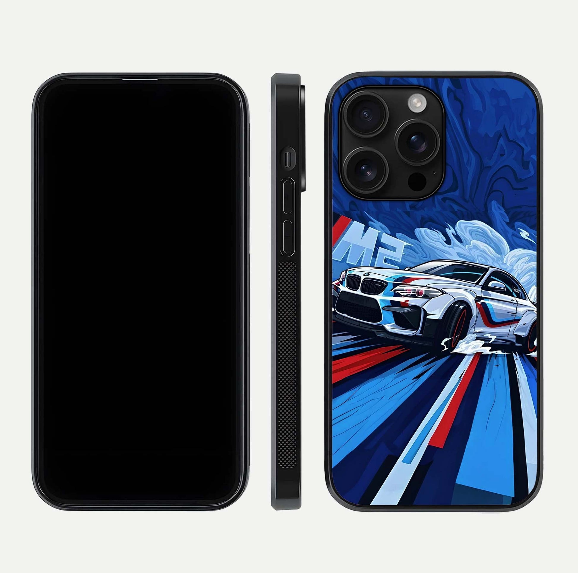 Drift Power Rush Glass Case for iPhone 16 Pro Max dual-view layout displaying dynamic motion art and HD gloss