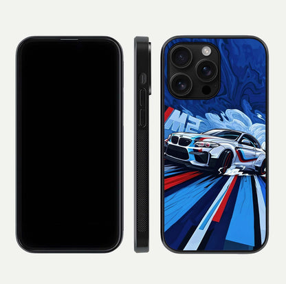 Drift Power Rush Glass Case for iPhone 16 Pro Max dual-view layout displaying dynamic motion art and HD gloss
