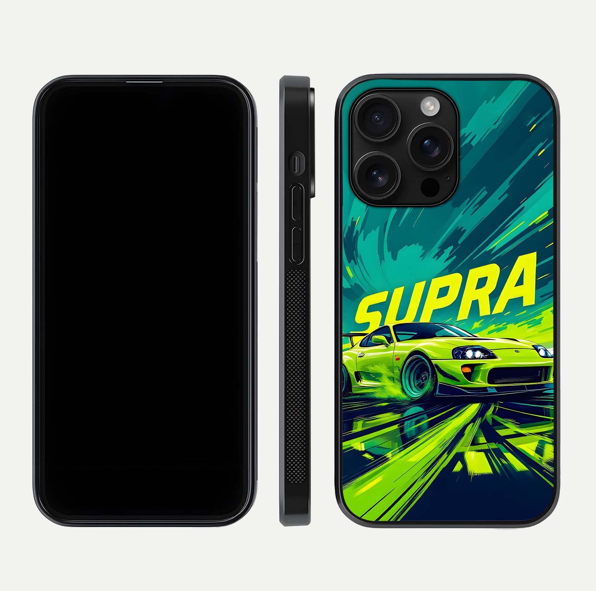 Electric Supra Thunder Glass Case for iPhone 16 Pro Max dual-view layout displaying dynamic motion art and curved finish