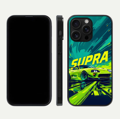 Electric Supra Thunder Glass Case for iPhone 16 Pro Max dual-view layout displaying dynamic motion art and curved finish