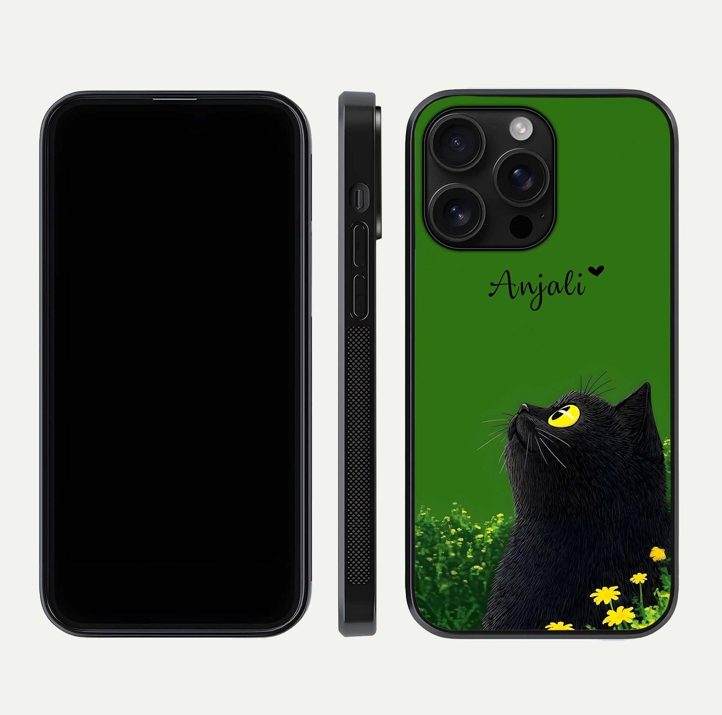 Emerald Cat Custom Name Glass Case for iPhone 16 Pro Max dual-view layout displaying artistic tones and smooth curves