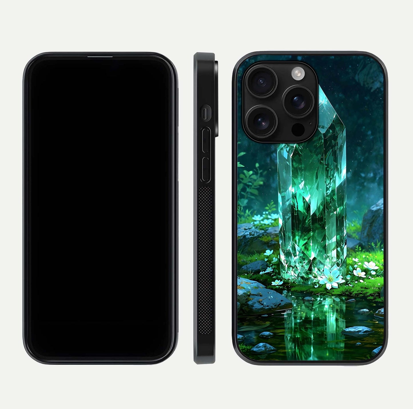 Emerald Light Crystal Glass Case for iPhone 16 Pro Max dual-view layout displaying gem-like tones and polished edge