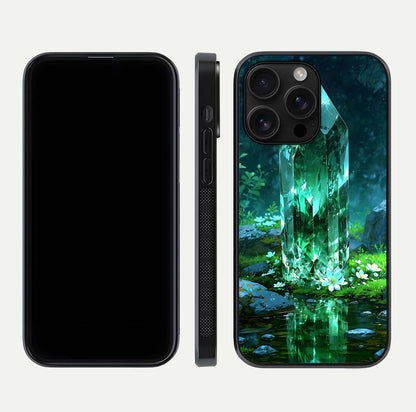 Emerald Light Crystal Glass Case for iPhone 16 Pro Max dual-view layout displaying gem-like tones and polished edge