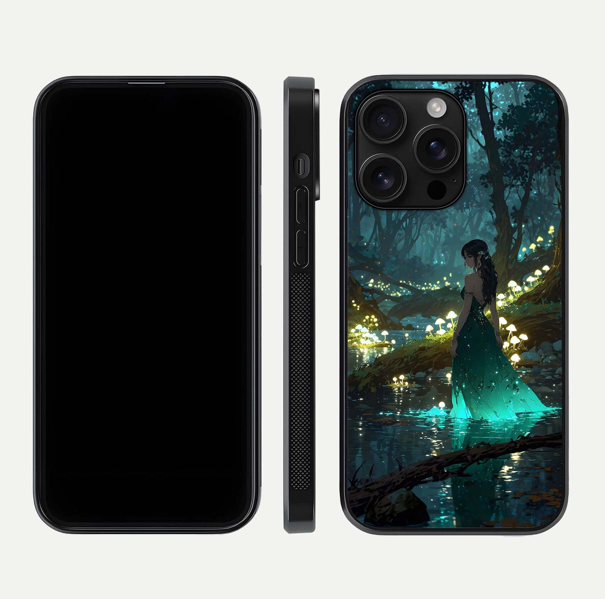 Enchanted Forest Glow Glass Case for iPhone 16 Pro Max dual-view layout displaying green tones and smooth glass