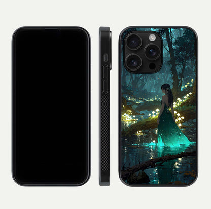 Enchanted Forest Glow Glass Case for iPhone 16 Pro Max dual-view layout displaying green tones and smooth glass
