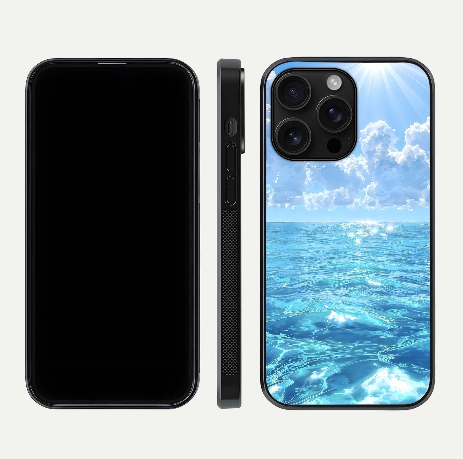 Endless Ocean Horizon Glass Case for iPhone 16 Pro Max dual-view layout displaying calm seascape and curved edges