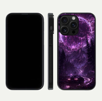 Eternal Cosmic Drive Glass Case for iPhone 16 Pro Max dual-view layout displaying outer-space tones and curved finish