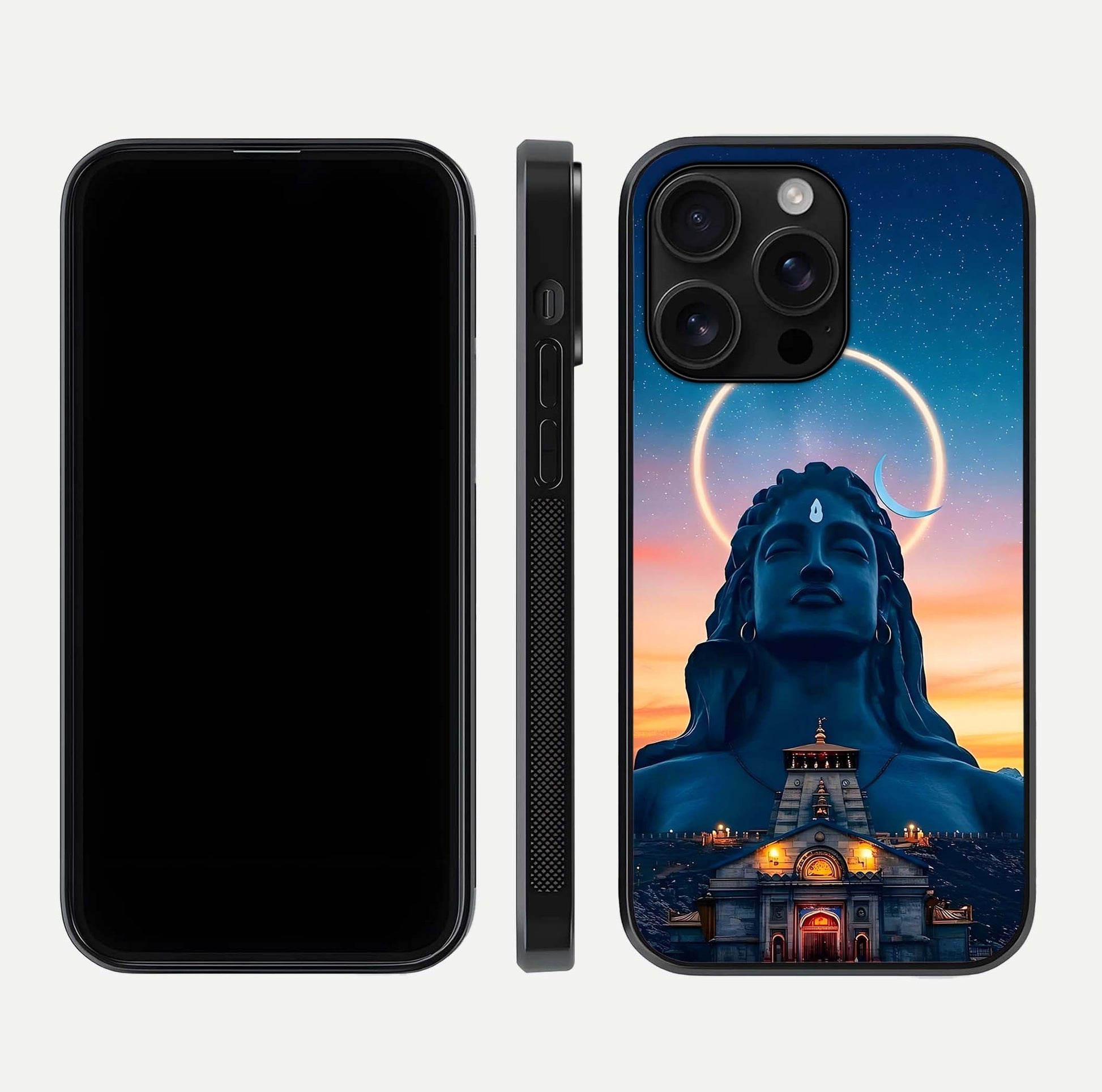 Eternal Shiva Aura Glass Case for iPhone 16 Pro Max dual-view layout displaying HD deity print and smooth edge