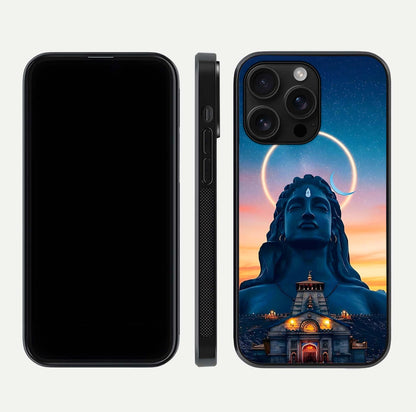 Eternal Shiva Aura Glass Case for iPhone 16 Pro Max dual-view layout displaying HD deity print and smooth edge