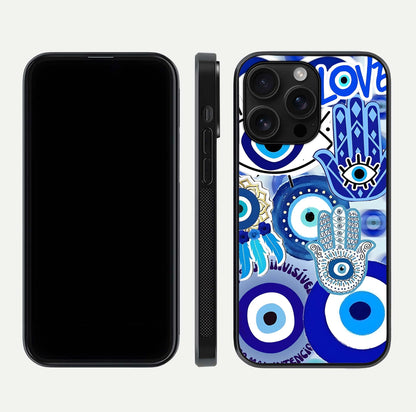 Evil Eyes Dream Glass Case for iPhone 16 Pro Max dual-view layout displaying spiritual motif and polished curved edge