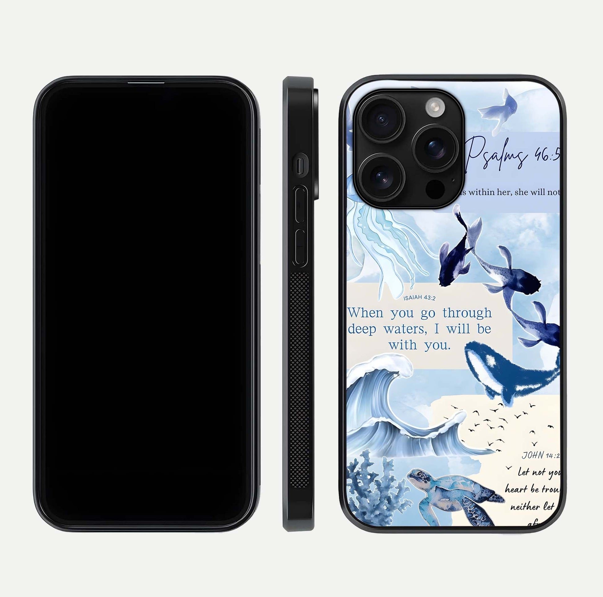 Faithful Ocean Promise Glass Case for iPhone 16 Pro Max dual-view layout showing sea horizon art and curved polish