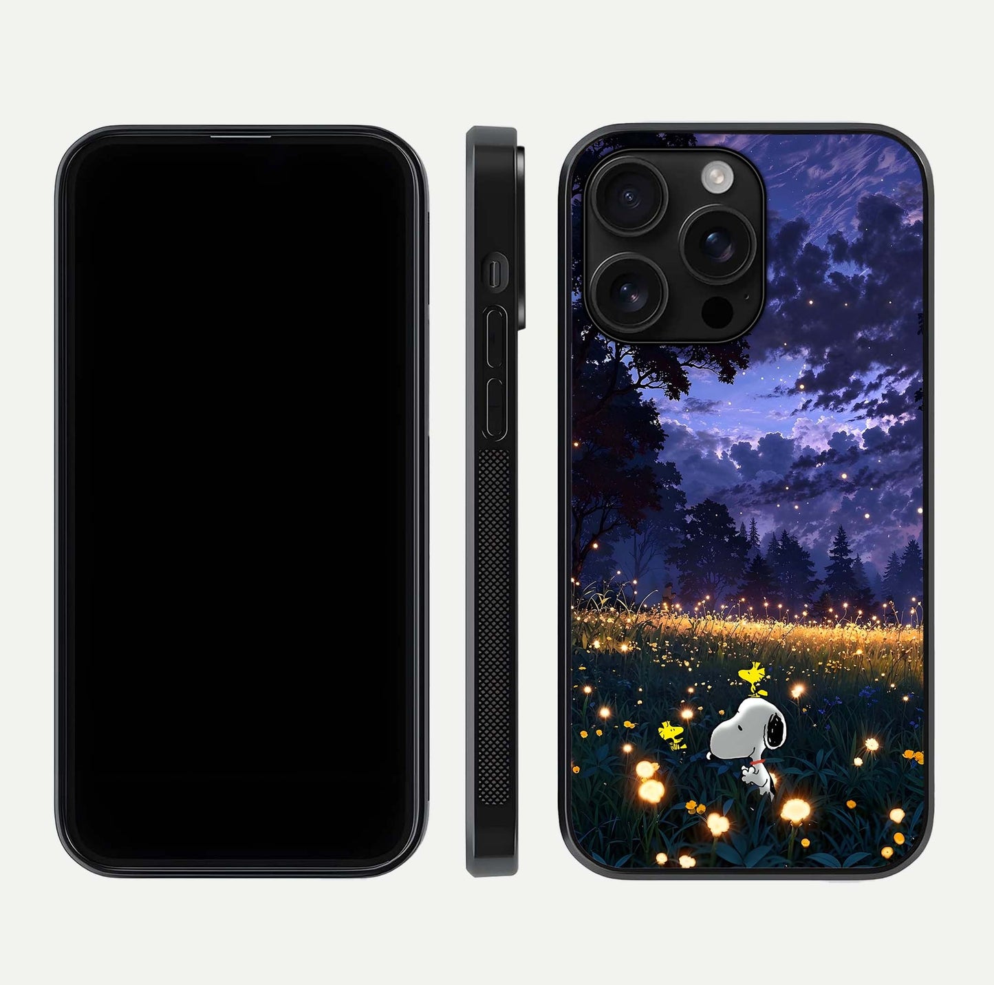 Firefly Meadow Magic Glass Case for iPhone 16 Pro Max dual-view layout displaying enchanting tones and curved edges