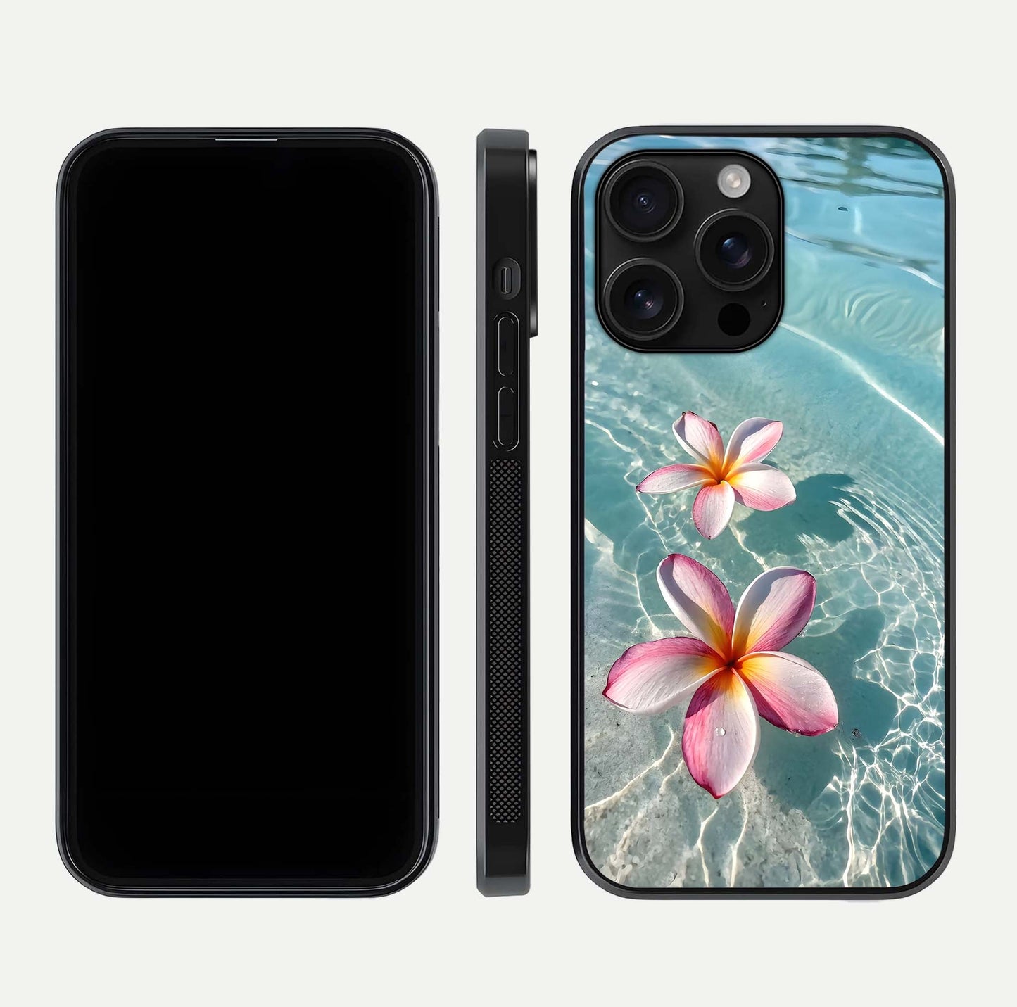 Floating Bloom Bliss Glass Case for iPhone 16 Pro Max dual-view layout displaying soft pastel flowers and curved glass