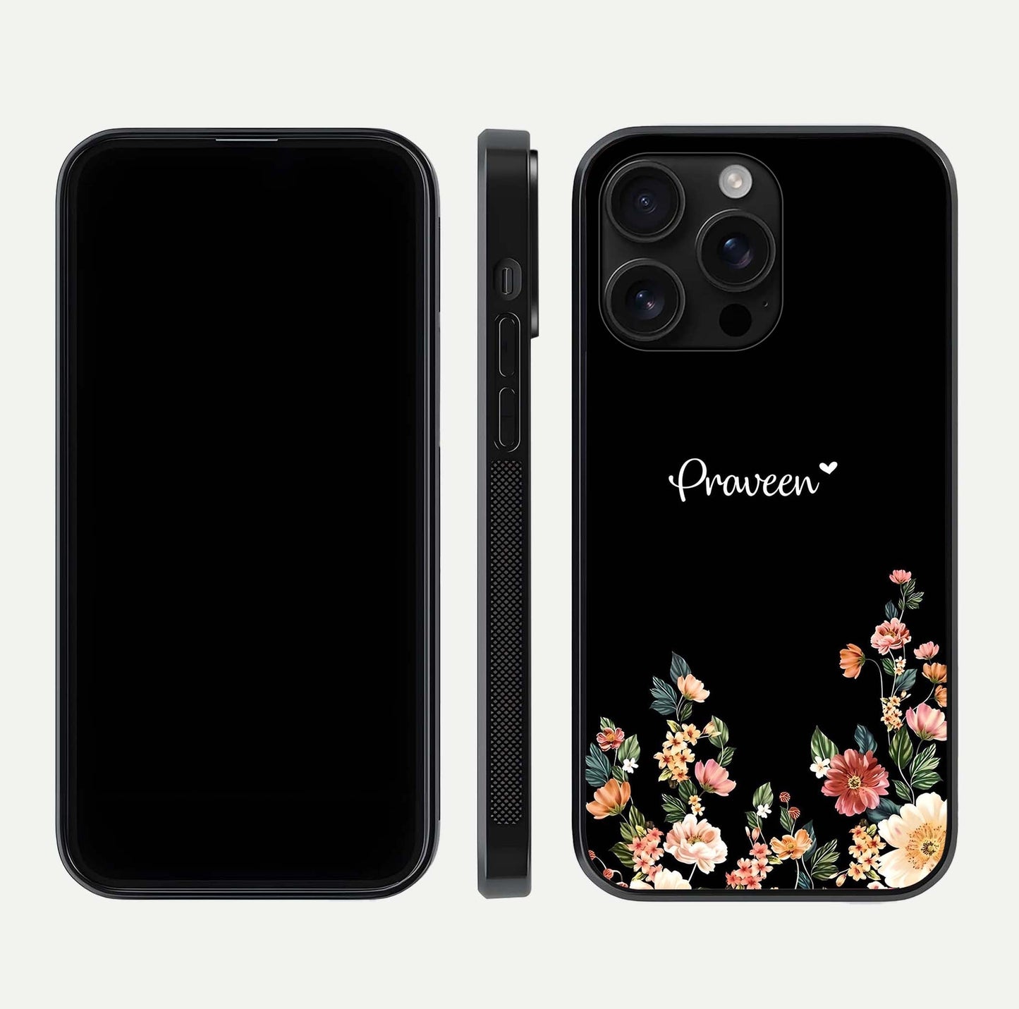 Floral Design Personalized Custom Name Glass Case for iPhone 16 Pro Max dual-view layout displaying artistic tones and curved finish