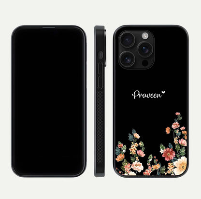Floral Design Personalized Custom Name Glass Case for iPhone 16 Pro Max dual-view layout displaying artistic tones and curved finish