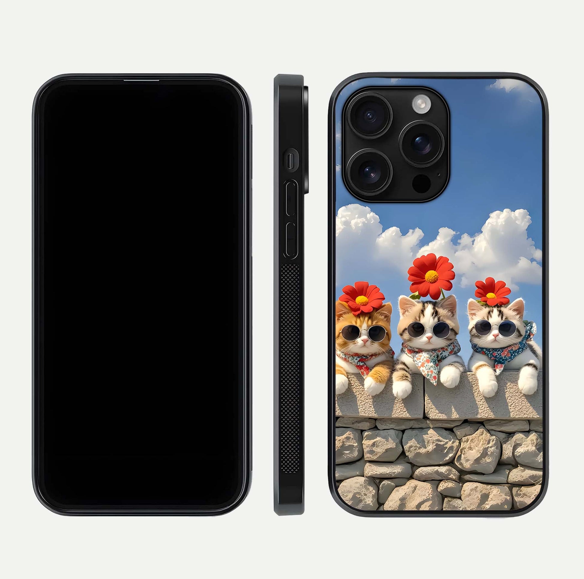 Floral Kitty Squad Glass Case for iPhone 16 Pro Max dual-view layout displaying vibrant tones and smooth edges