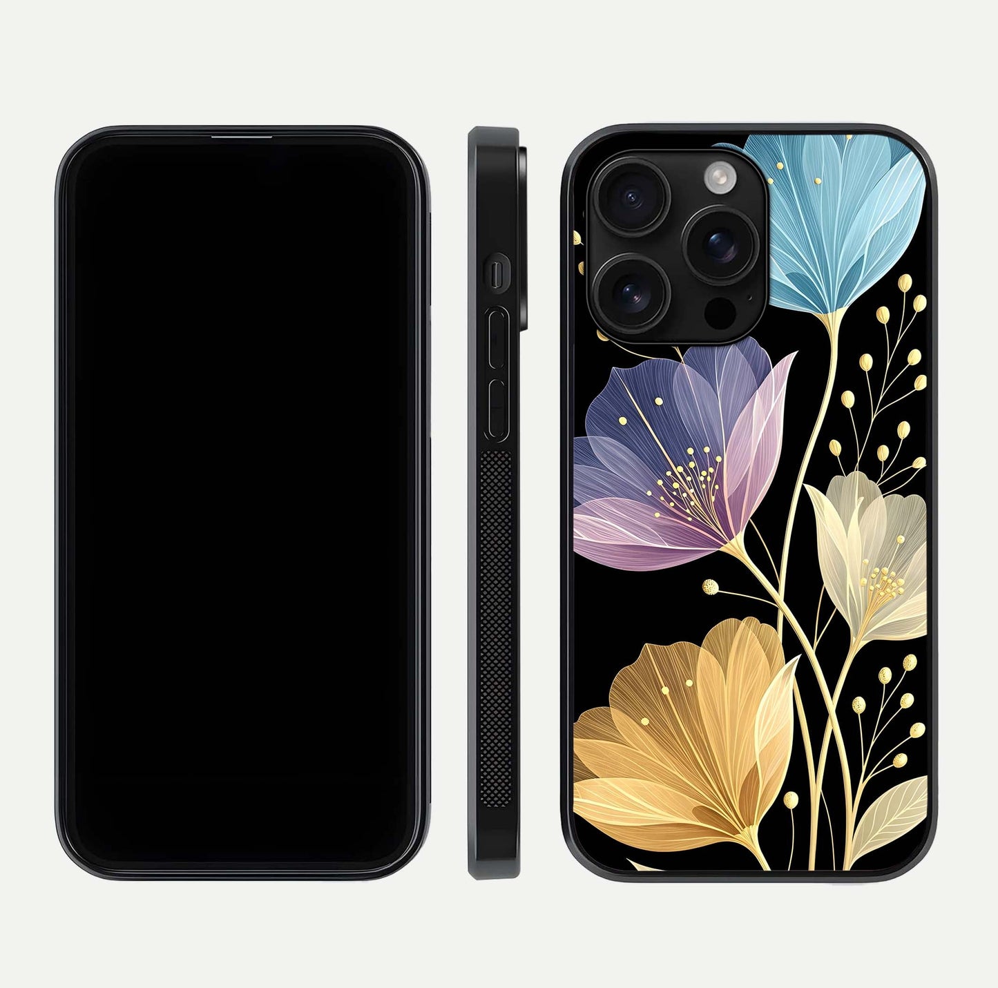 Flower Bloom Glow Glass Case for iPhone 16 Pro Max dual-view layout displaying petal tones and curved glass edge