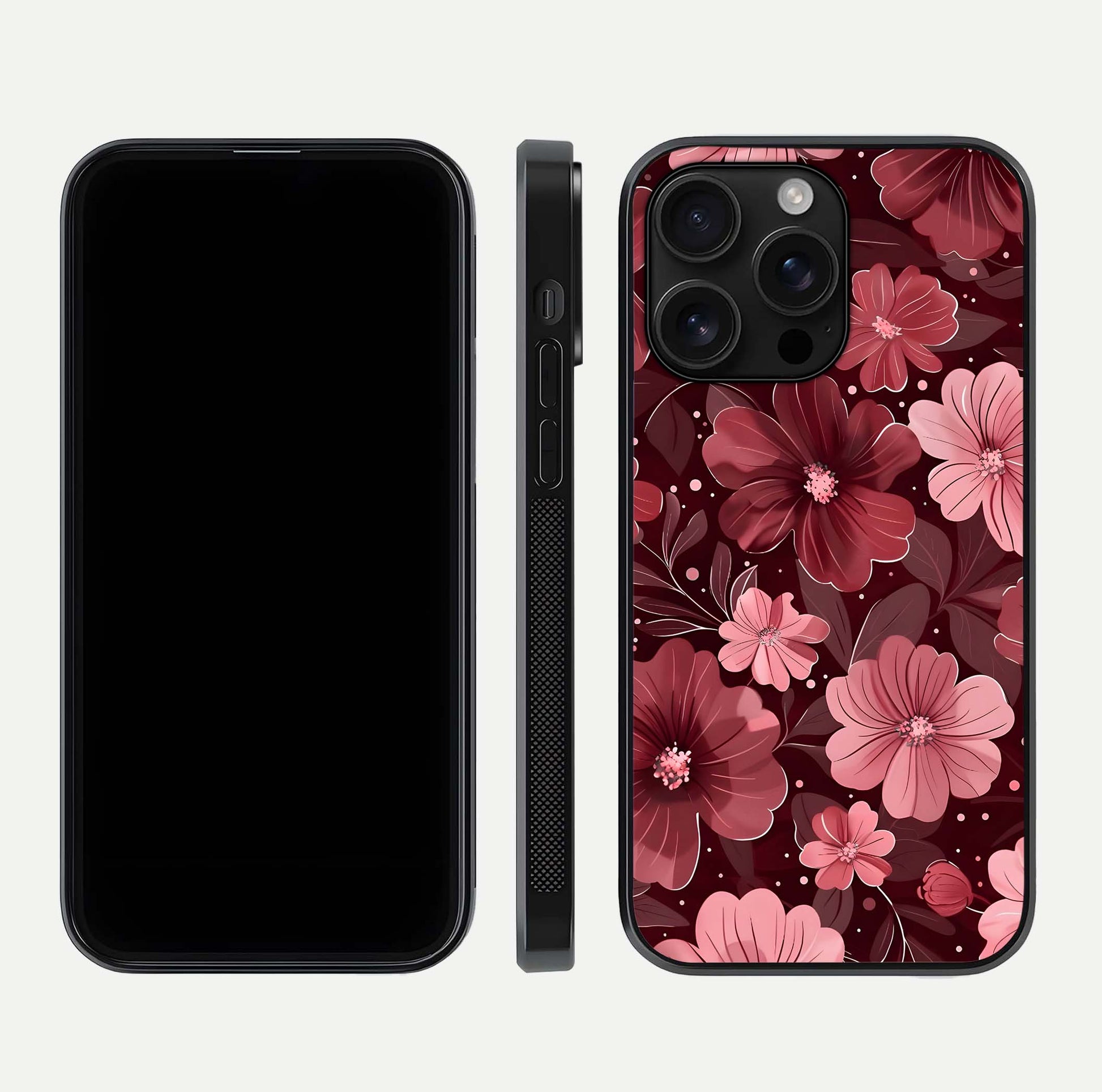 Flower Blush Bloom Glass Case for iPhone 16 Pro Max dual-view layout displaying HD print and smooth curves