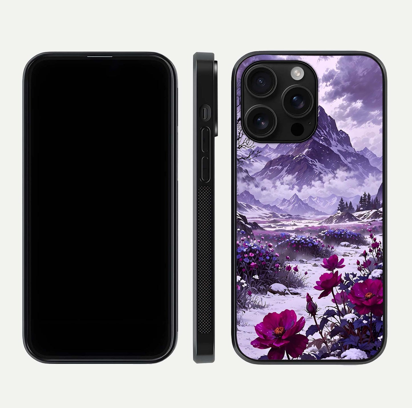 Flower Mountain View Glass Case for iPhone 16 Pro Max dual-view layout displaying scenic tones and curved glass finish