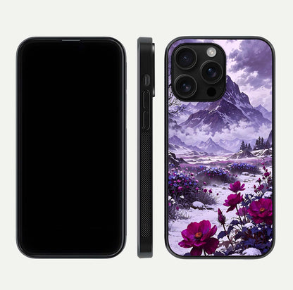 Flower Mountain View Glass Case for iPhone 16 Pro Max dual-view layout displaying scenic tones and curved glass finish