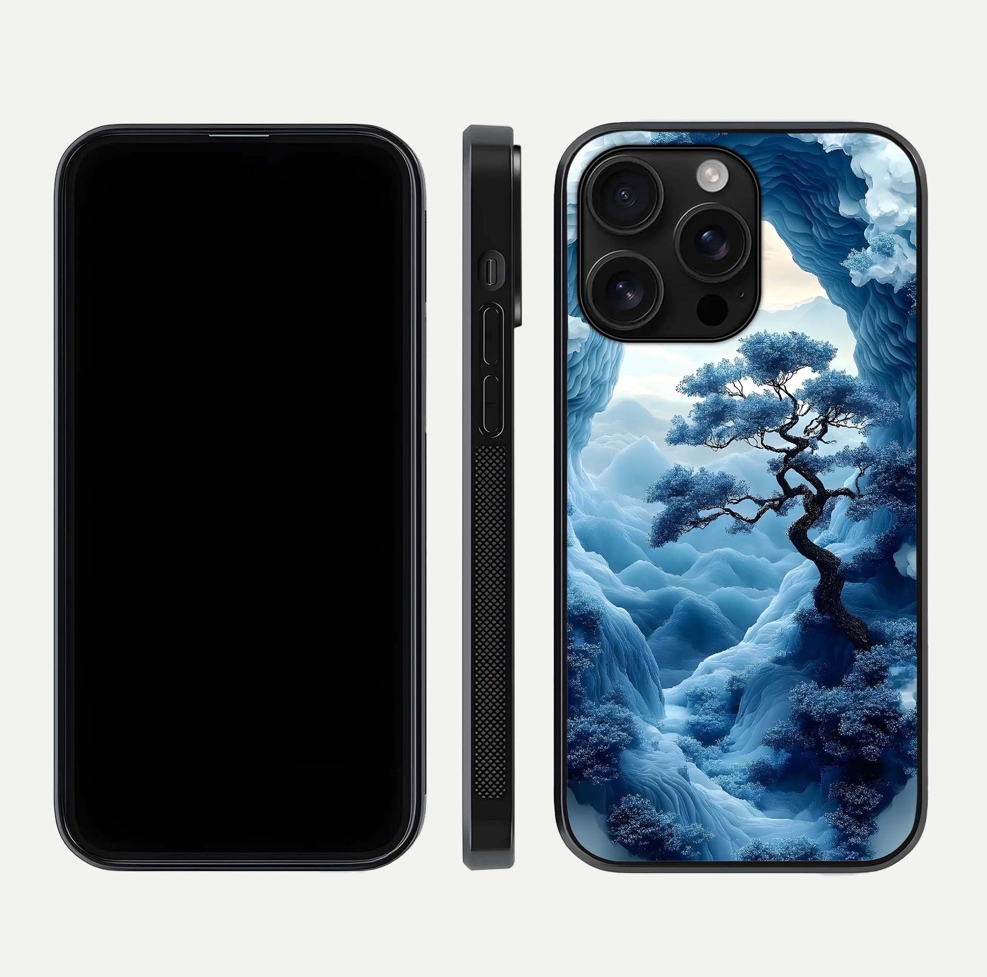 Frozen Serenity Gate Glass Case for iPhone 16 Pro Max dual-view layout displaying winter theme and smooth curves