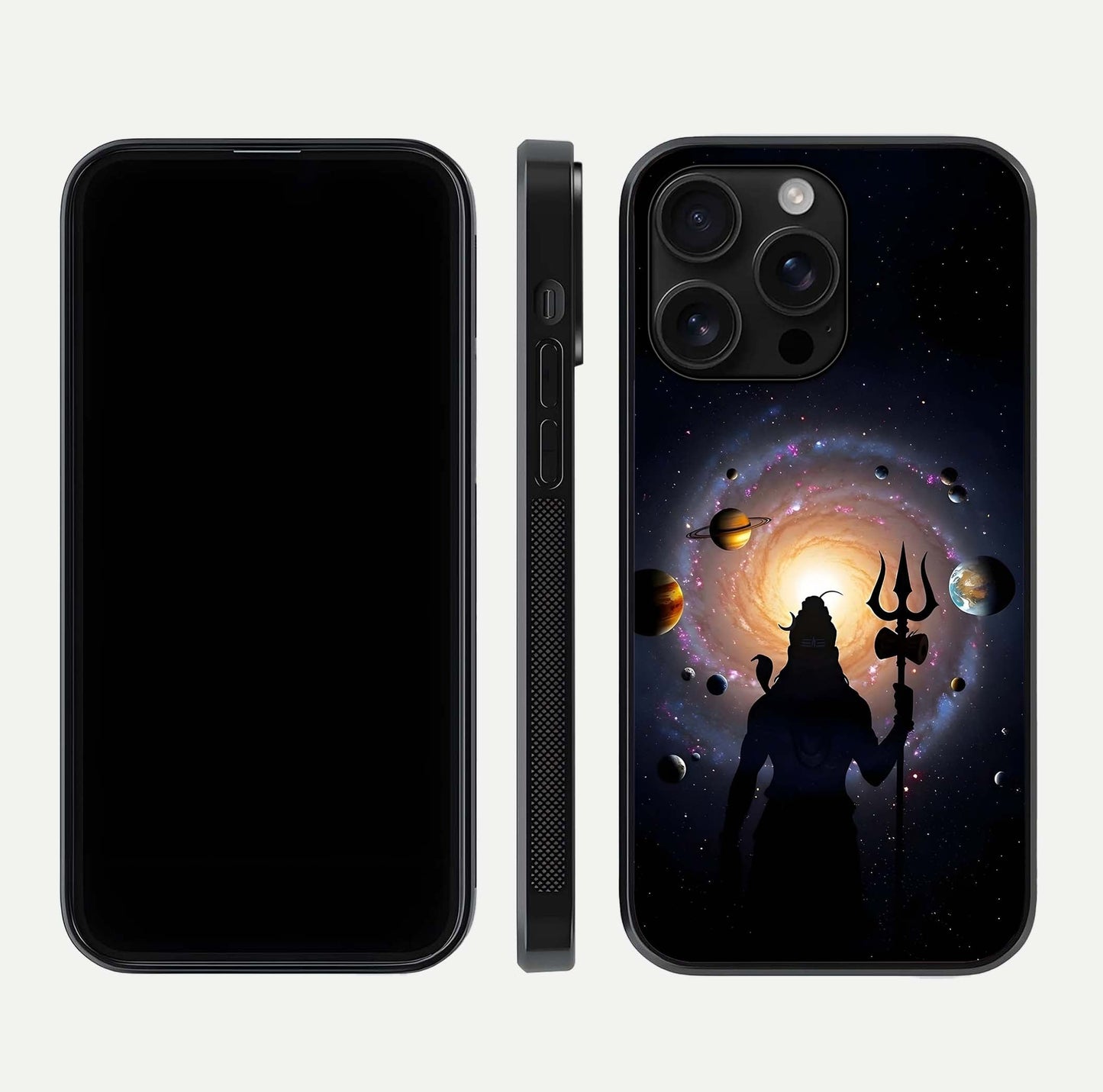 Galactic Shiva Vision Glass Case for iPhone 16 Pro Max front and back view layout showing celestial background and polished curved glass