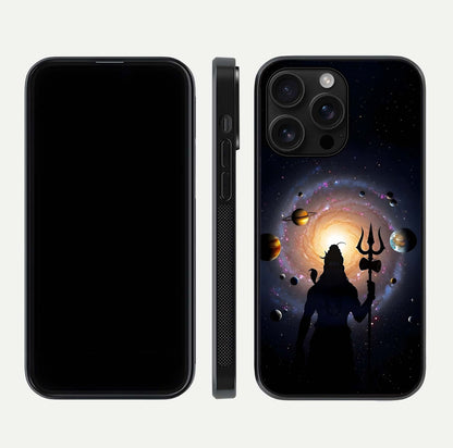 Galactic Shiva Vision Glass Case for iPhone 16 Pro Max front and back view layout showing celestial background and polished curved glass