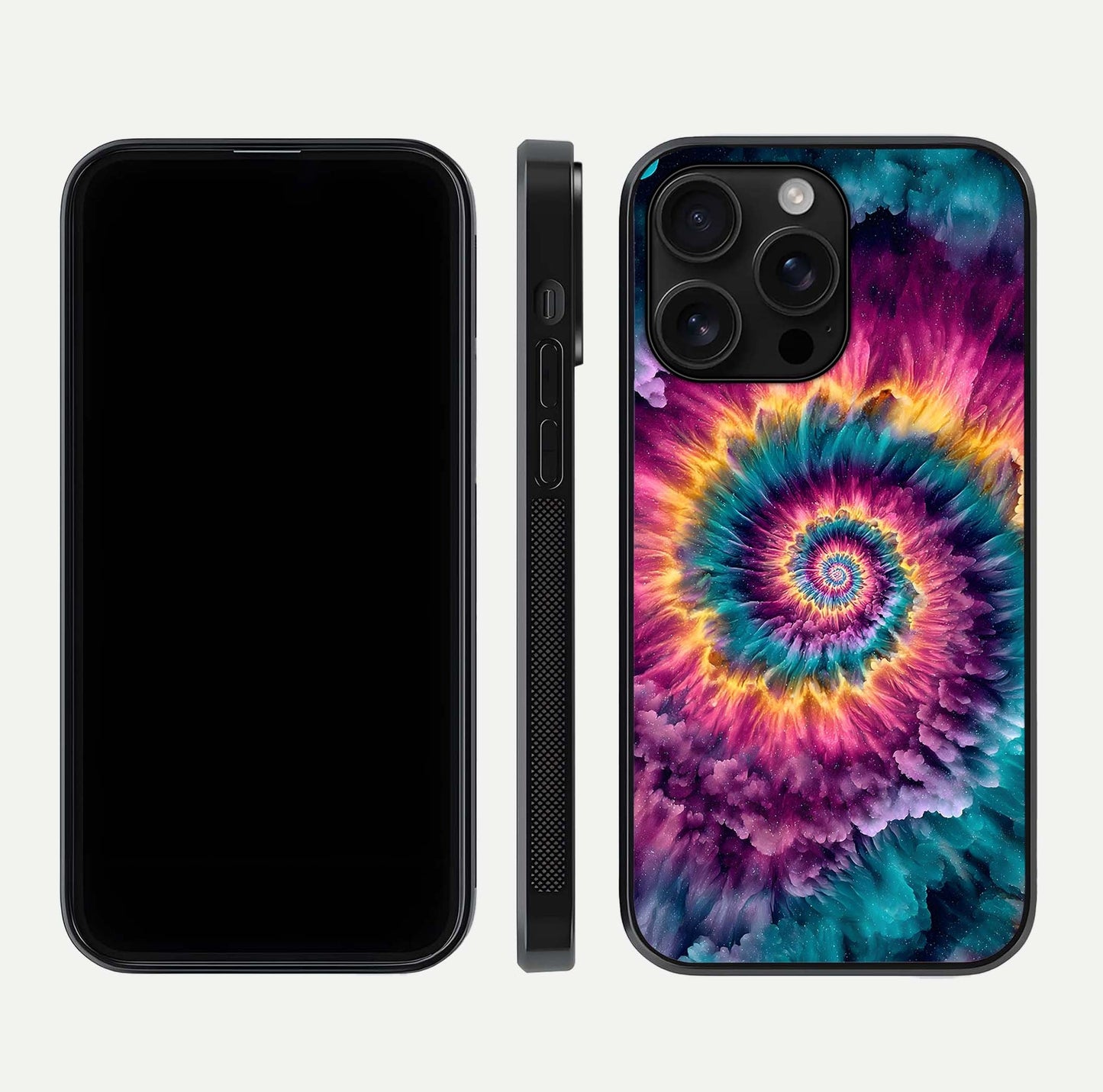 Galactic Spiral Burst Glass Case for iPhone 16 Pro Max front and back view layout highlighting cosmic swirl and curved edges