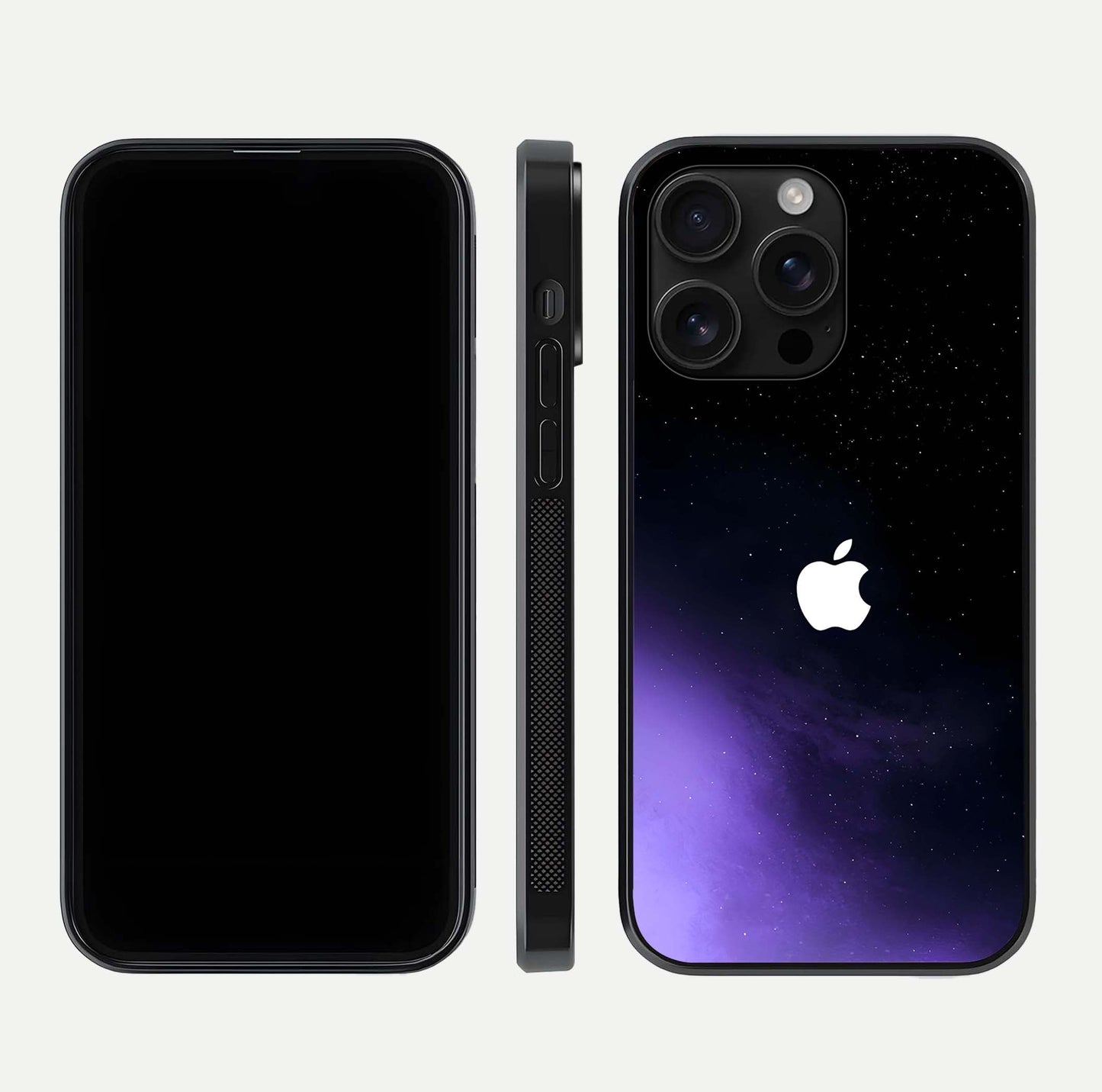 Galaxy Apple Aura Glass Case for iPhone 16 Pro Max front and back view layout displaying cosmic tones and premium curved glass edges