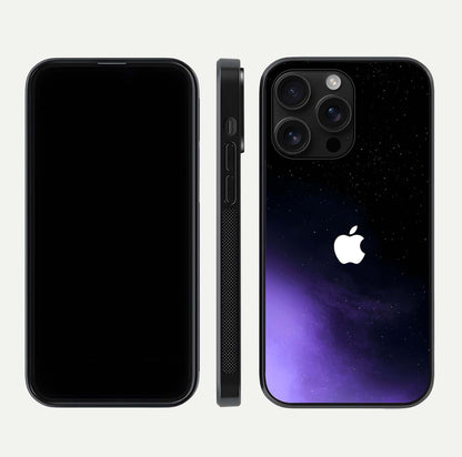 Galaxy Apple Aura Glass Case for iPhone 16 Pro Max front and back view layout displaying cosmic tones and premium curved glass edges